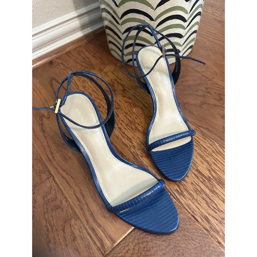 Veronica Beard Sylvie Lizard Embossed Blue Leather Ankle Strap Sandals 8M $395